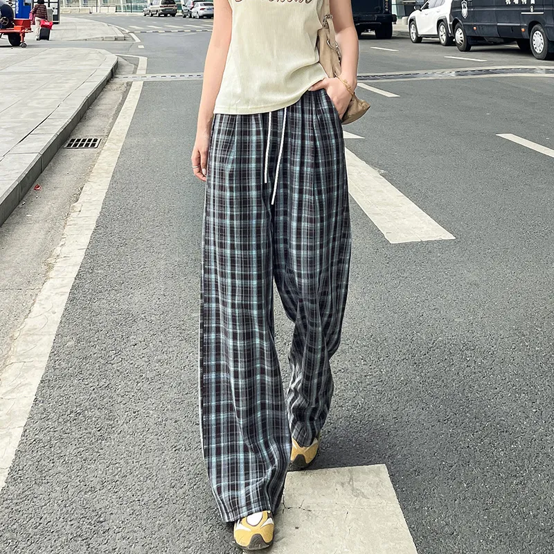 SITOL Casual Pants Women's Blue Coffee Plaid-3