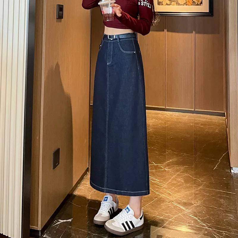 SITOL Denim Long Skirts Women's Blue-3