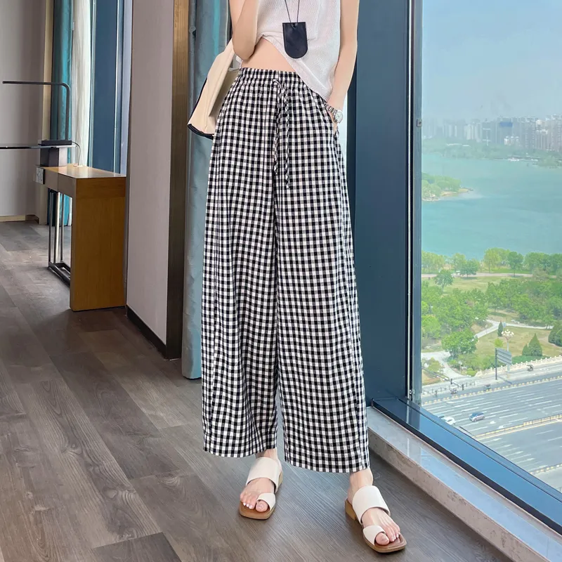 SITOL Casual Pants Women's Black White Plaid-3
