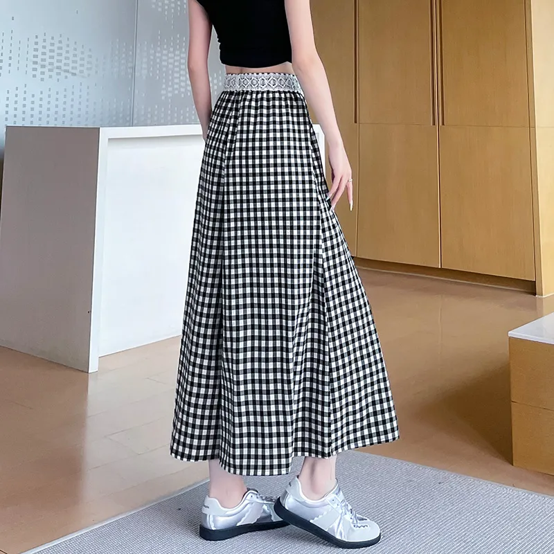 SITOL Casual Long Skirts Women's Black White Plaid-6
