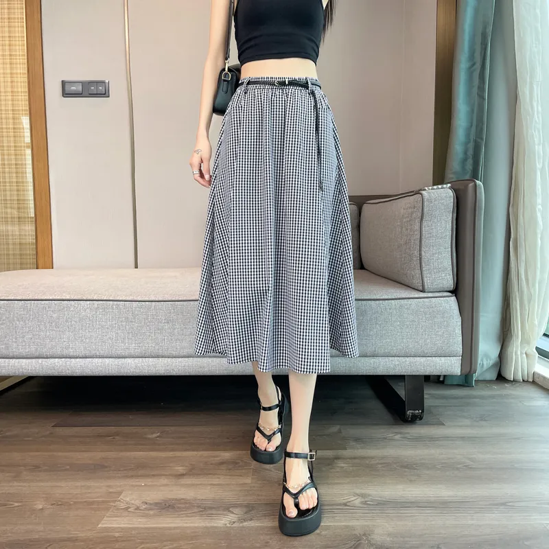 SITOL Casual Long Skirts Women's Black White Plaid-3