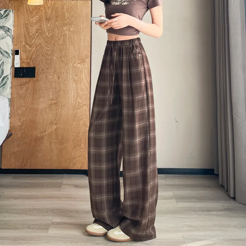 SITOL Casual Pants Women's Coffee Plaid-5