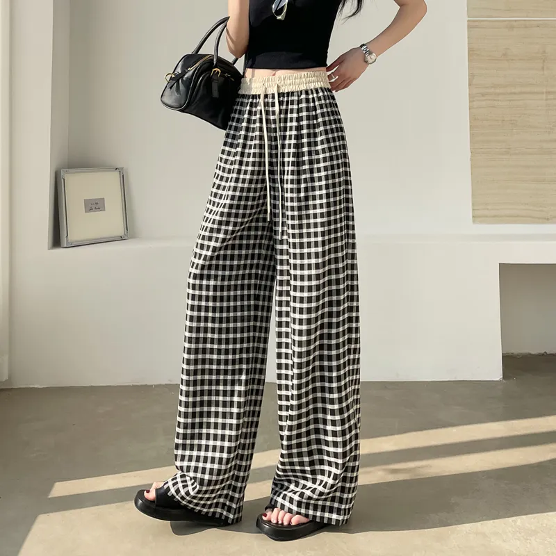 SITOL Casual Pants Women's Black White Plaid-4