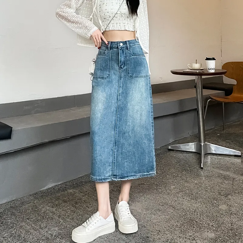 SITOL Denim Long Skirts Women's Blue-3