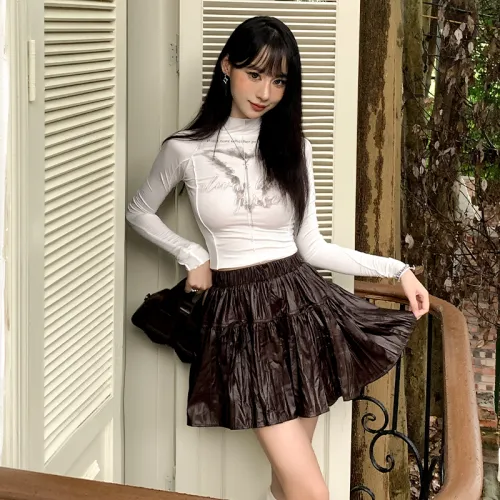 OROI Leather Short Skirts Women's Coffee