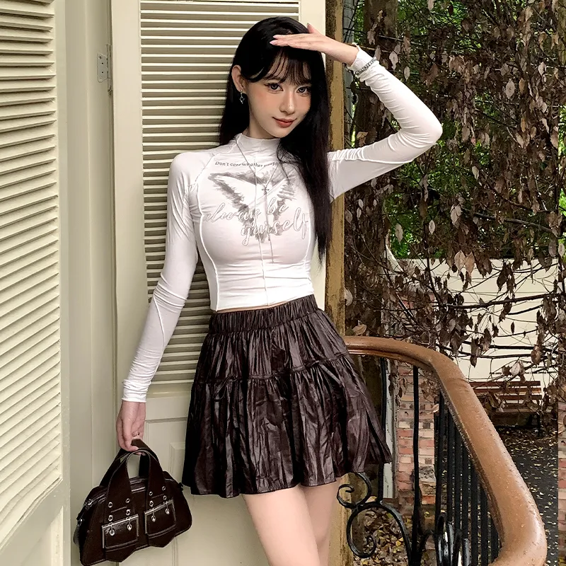 OROI Leather Short Skirts Women's Coffee-2