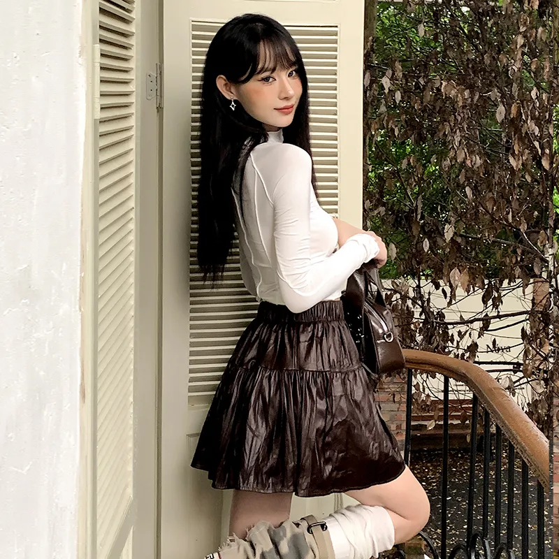 OROI Leather Short Skirts Women's Coffee-4