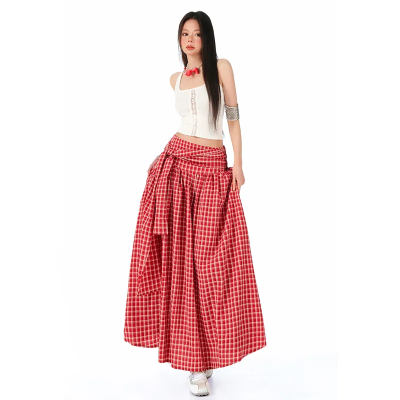 OROI Casual Long Skirt Women's Red Plaid-6