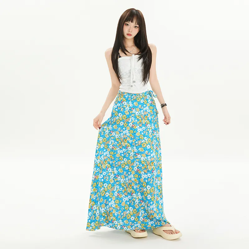 OROI Casual Long Skirts Women's Blue Floral-2