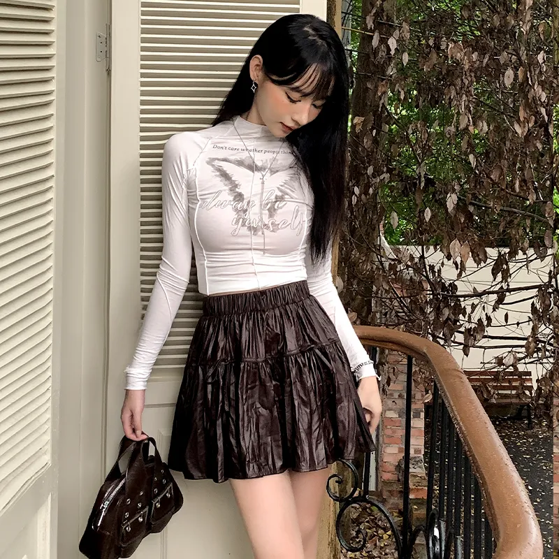 OROI Leather Short Skirts Women's Coffee-3
