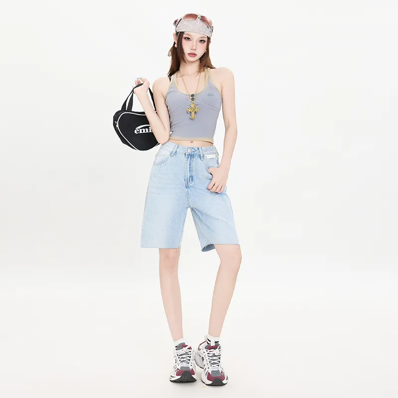 OROI Denim Shorts Women's Light Blue Five Button-2