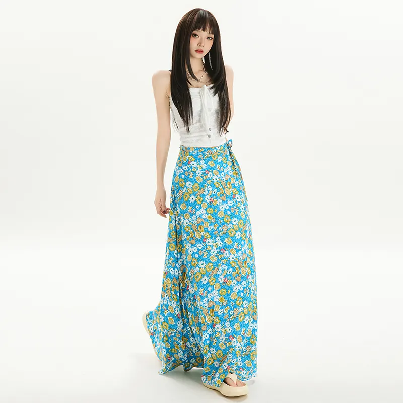 OROI Casual Long Skirts Women's Blue Floral-6