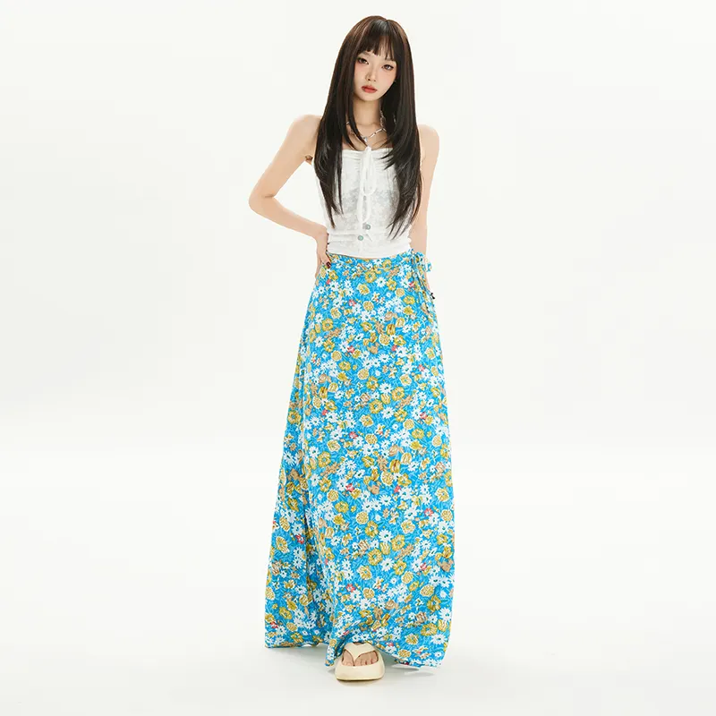 OROI Casual Long Skirts Women's Blue Floral-3