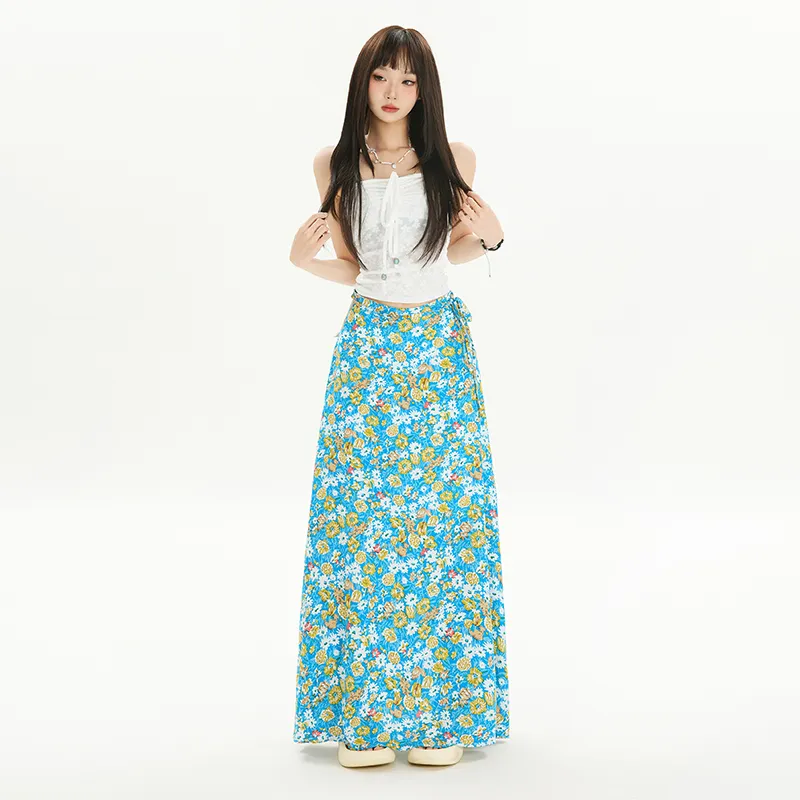 OROI Casual Long Skirts Women's Blue Floral-4
