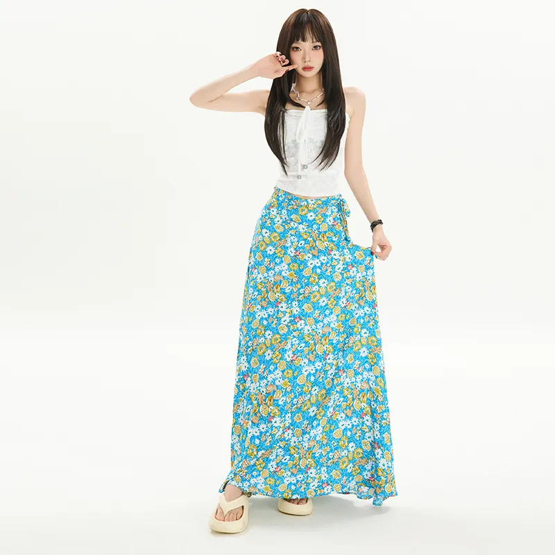 OROI Casual Long Skirts Women's Blue Floral-5