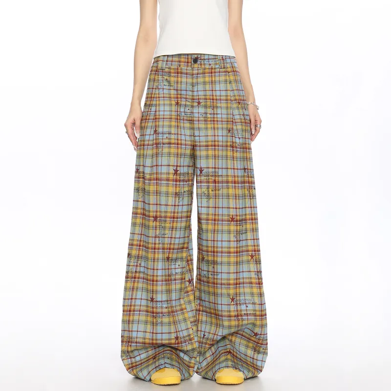 Pirkadat Casual Pants Unisex Yellow Blue Plaid-4