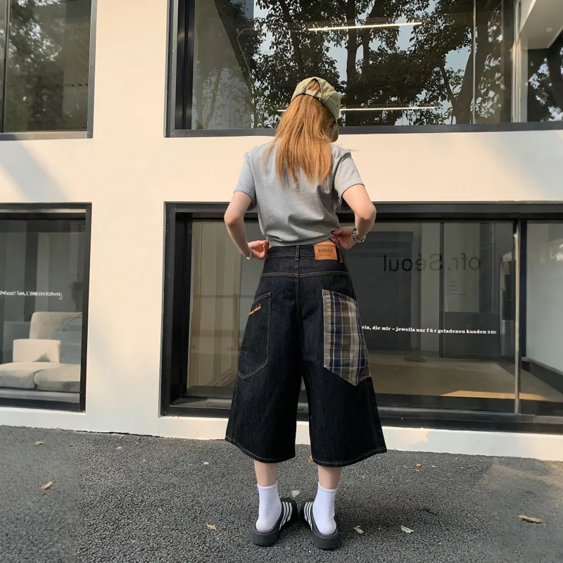 TESTUNG Denim Shorts Unisex Black Gray Plaid-3