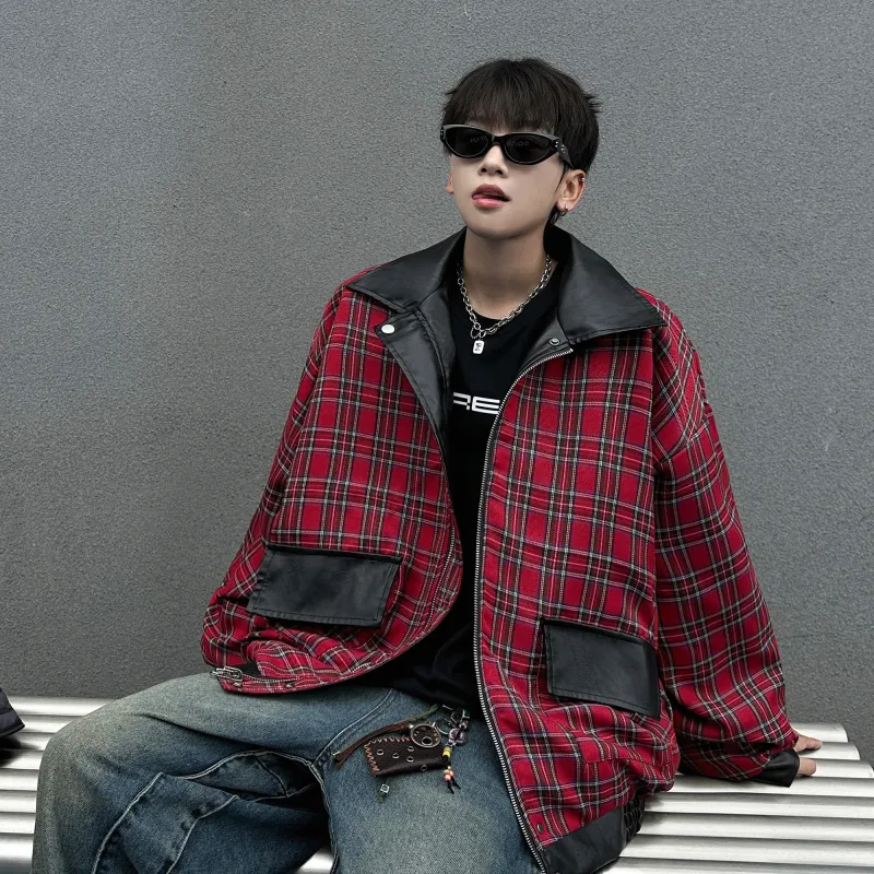 DAREASY Jackets Coats Unisex Black & Red Plaid-5