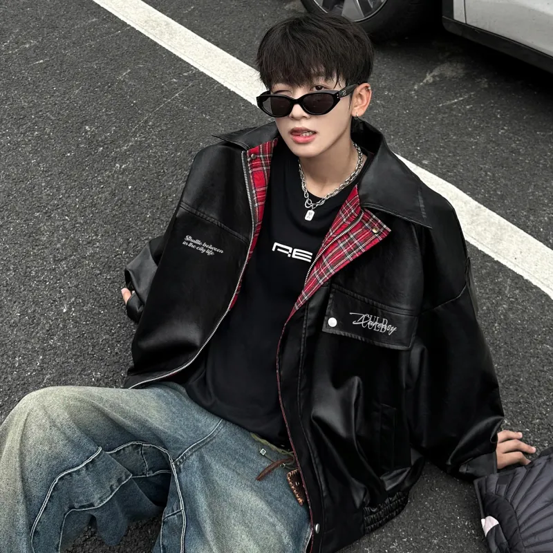 DAREASY Jackets Coats Unisex Black & Red Plaid-3