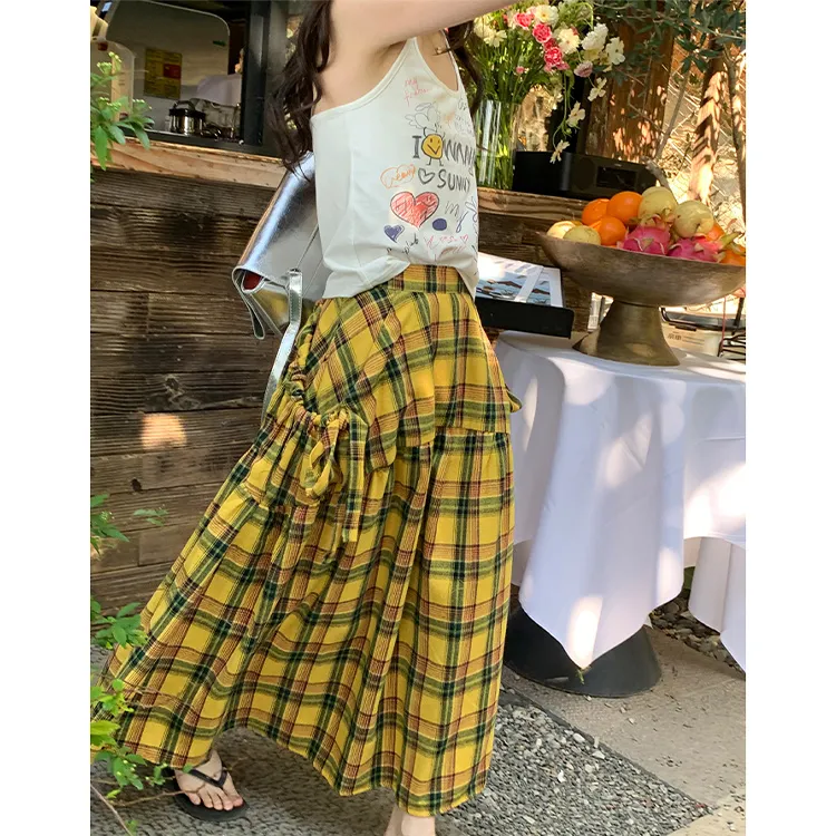 ETSE Casual Long Skirts Women's Yellow-4