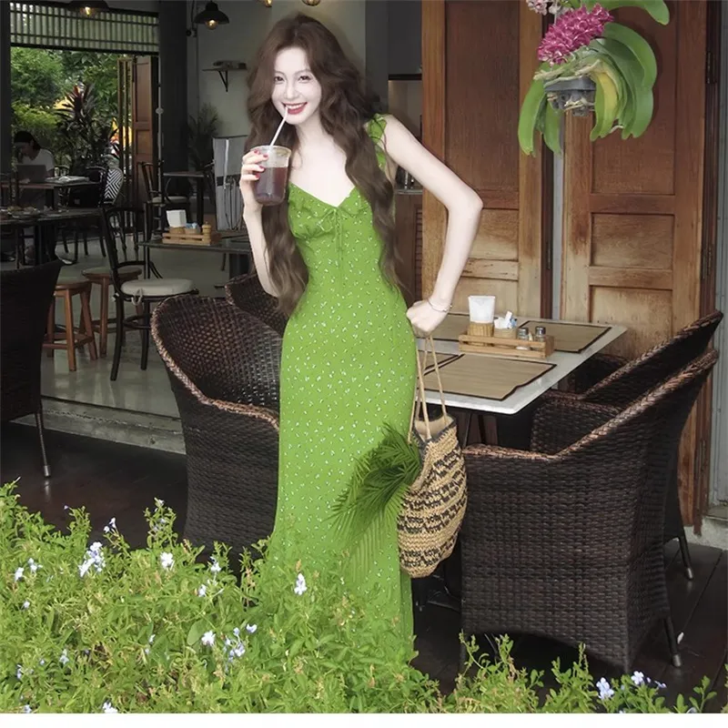 ETSE Slip Dresses Women's Green Floral Dress-4