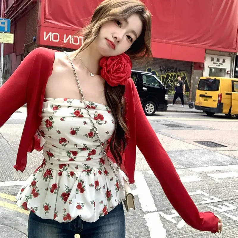 ETSE Two Piece Skirt Sets Women's Red Cardigan+Floral Strapless Top-2