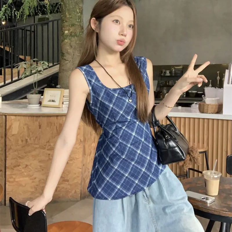 ETSE Tank Tops Women's Blue Plaid Tank Top With Strapless Design-2