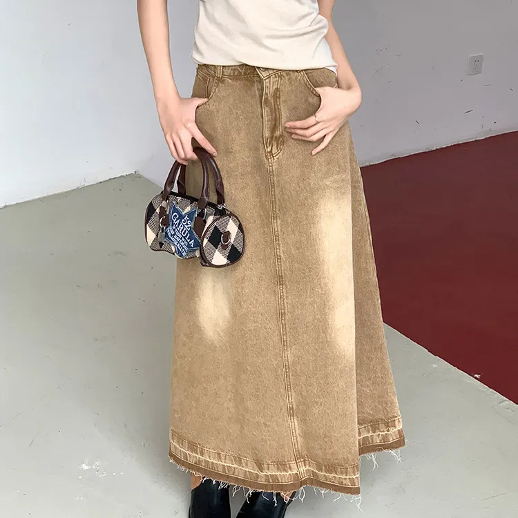 ETSE Denim Long Skirts Women's Khaki-2