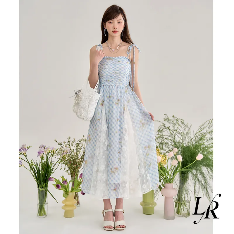 ETSE Slip Dresses Women's Blue Plaid Camisole Dress-3