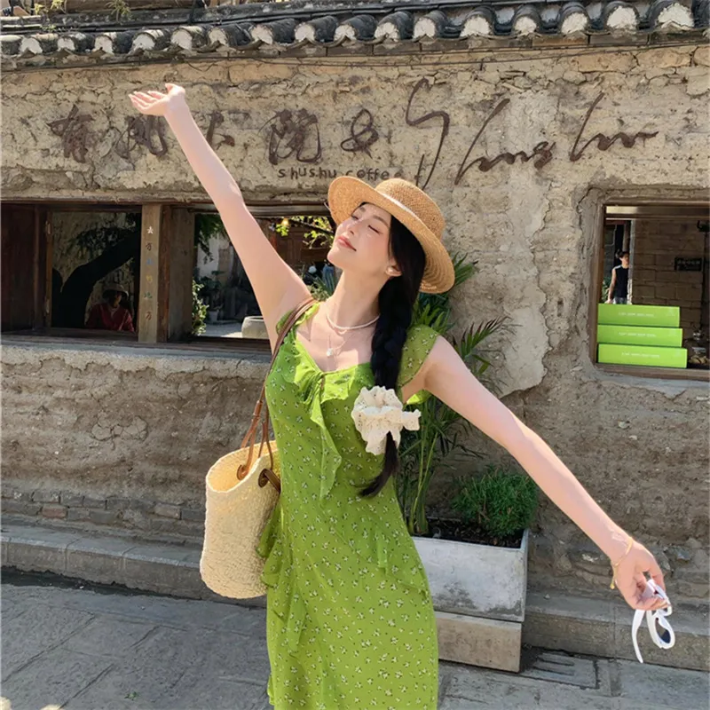 ETSE Slip Dresses Women's Green Floral Dress-2