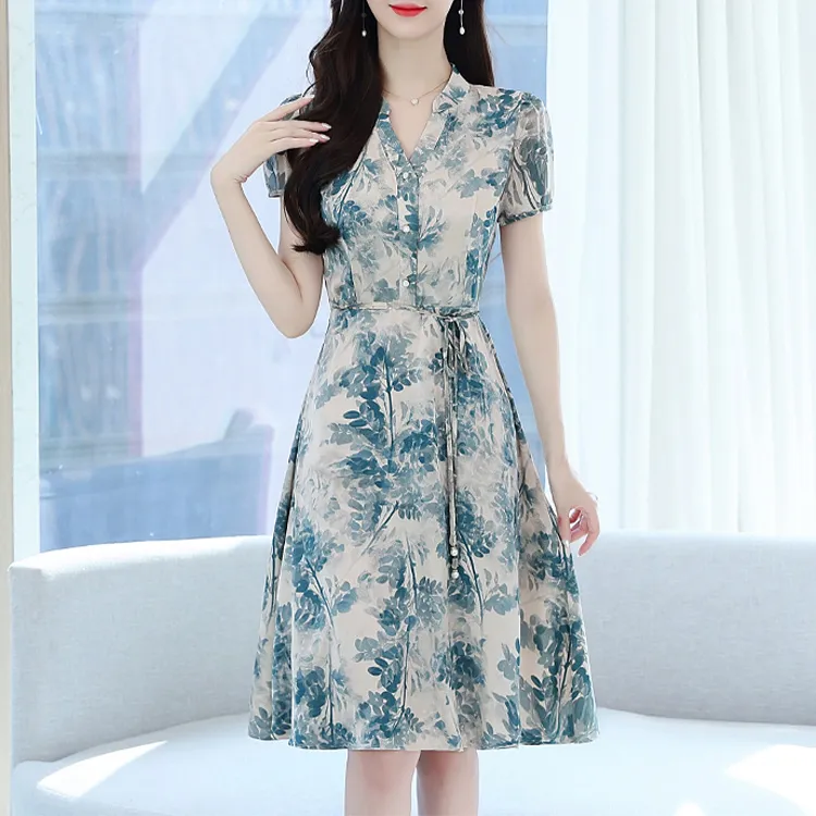 ETSE Short Sleeved Dresses Women's Blue-3
