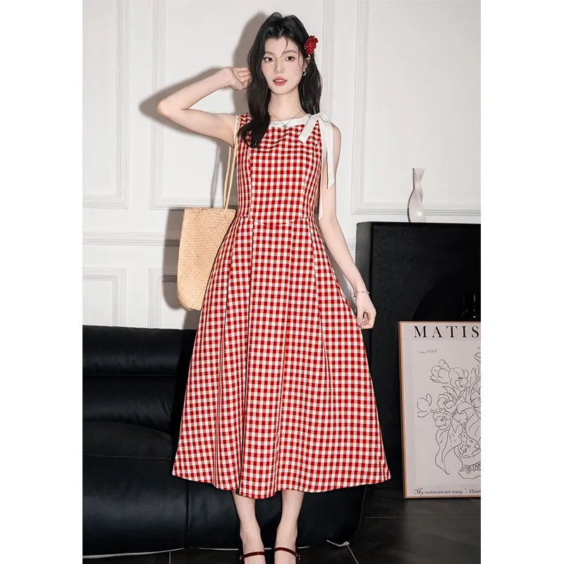 ETSE Sleeveless Dresses Women's Red Plaid Dress-4