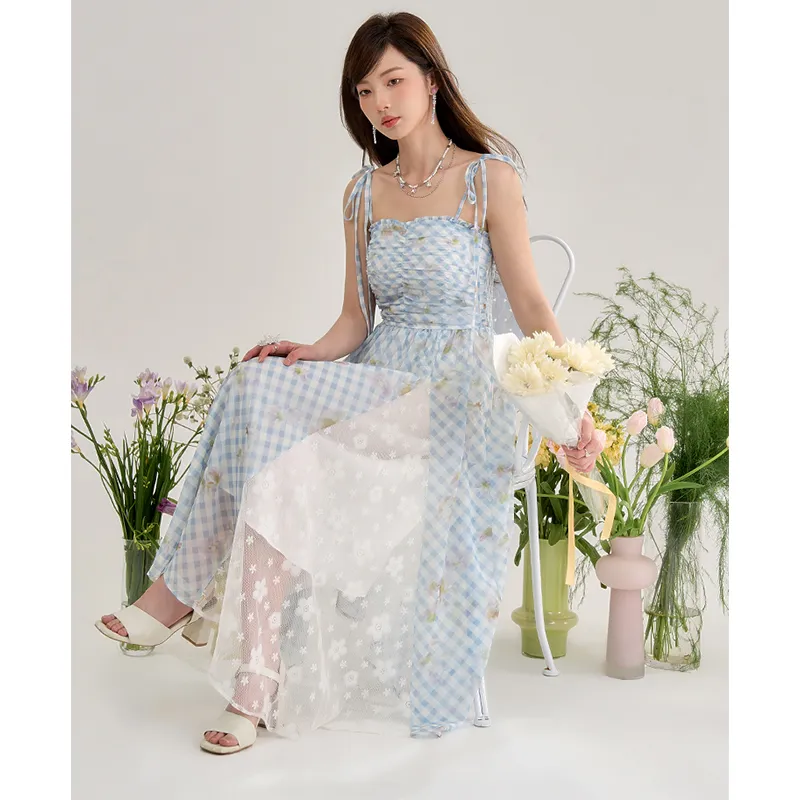 ETSE Slip Dresses Women's Blue Plaid Camisole Dress-4