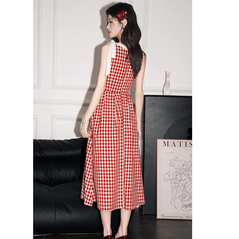 ETSE Sleeveless Dresses Women's Red Plaid Dress-3