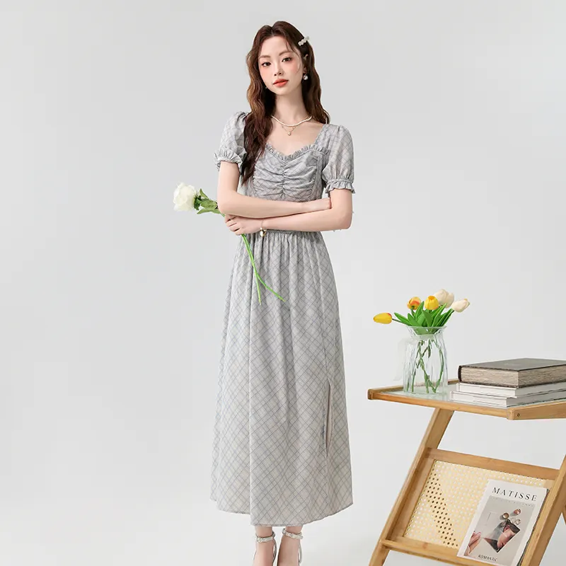 ETSE Short Sleeved Dress Women's Blue Plaid-3