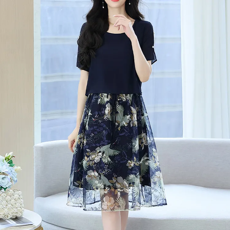 ETSE Short Sleeved Dresses Women's Navy Blue-2