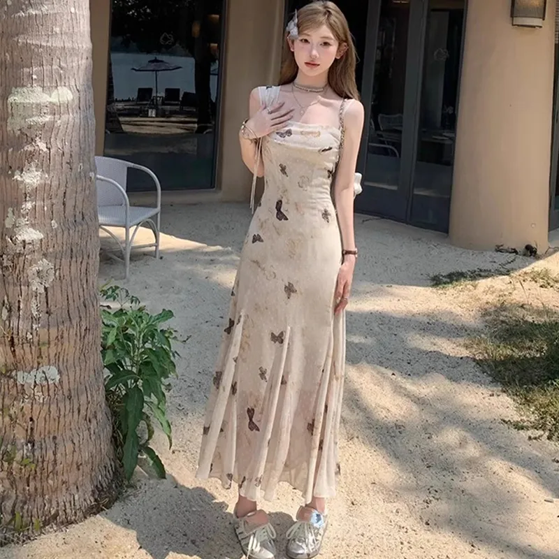 ETSE Slip Dresses Women's Beige Yellow Butterfly Dress-3