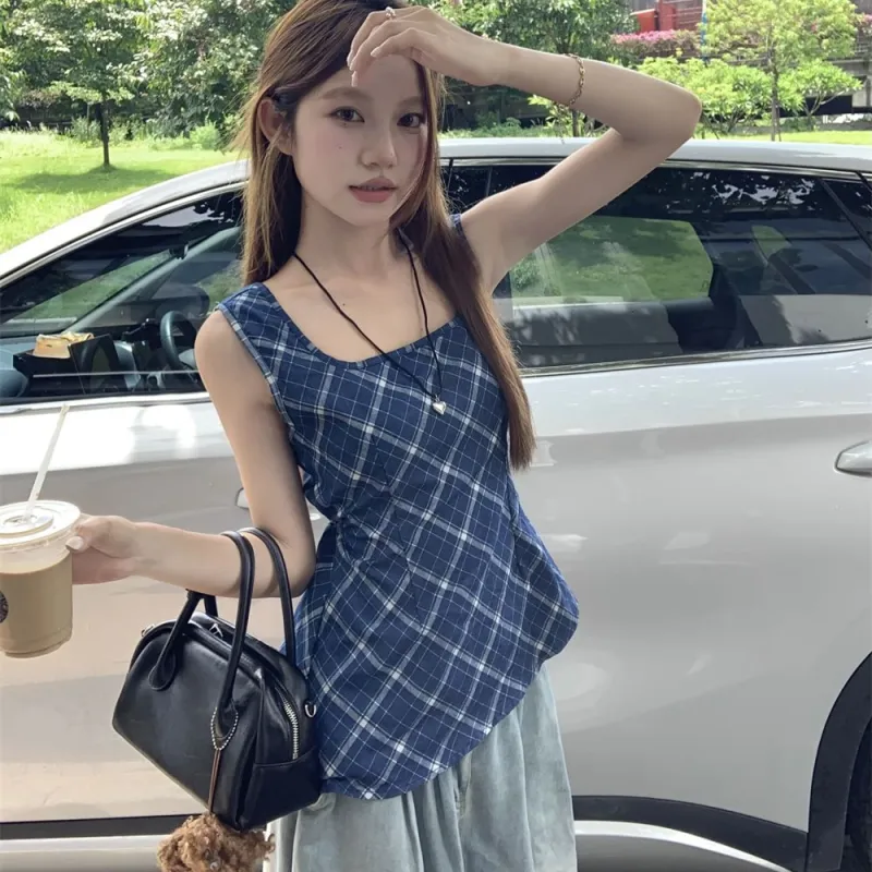 ETSE Tank Tops Women's Blue Plaid Tank Top With Strapless Design-4