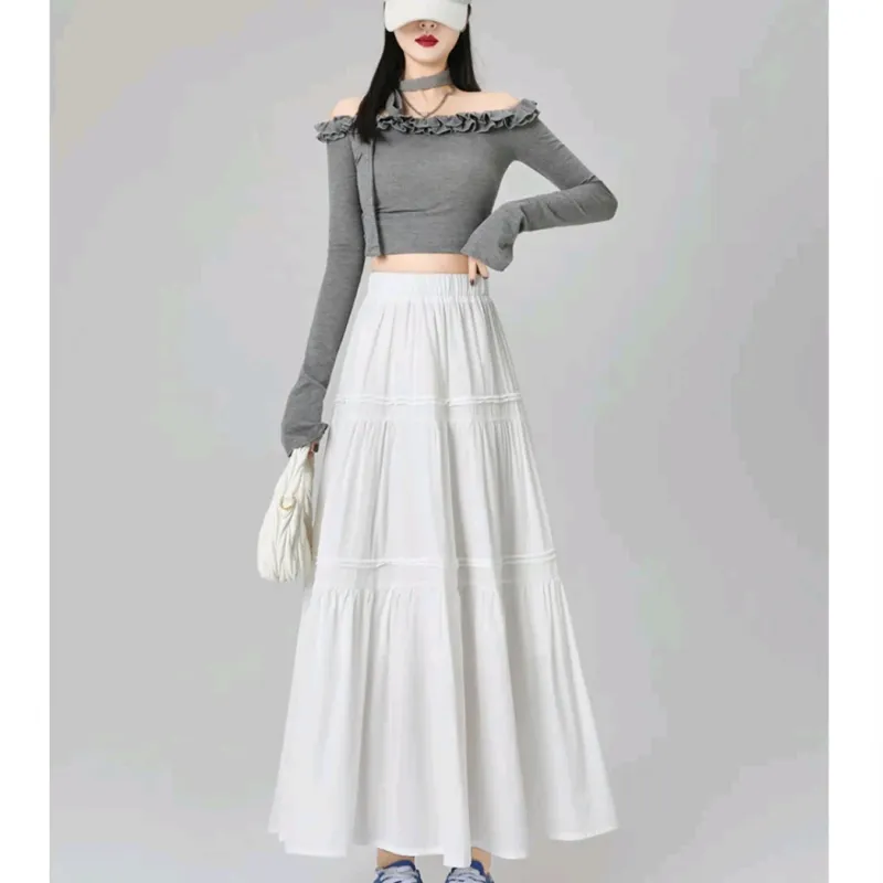 ETSE Casual Long Skirts Women's White-2
