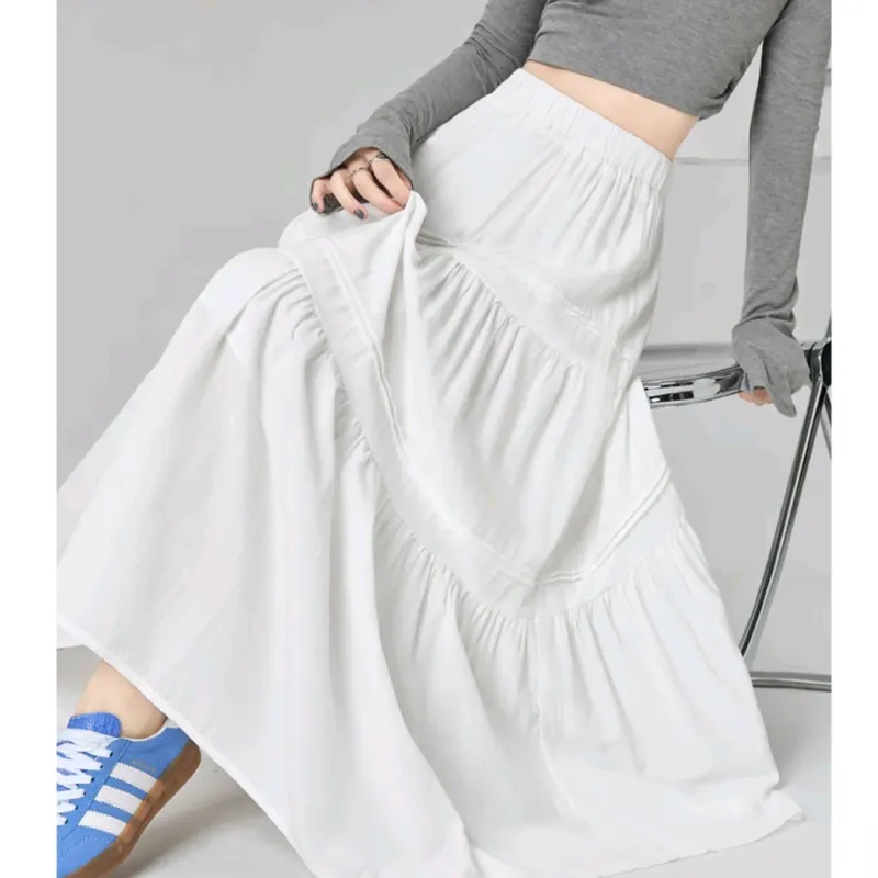 ETSE Casual Long Skirts Women's White-3