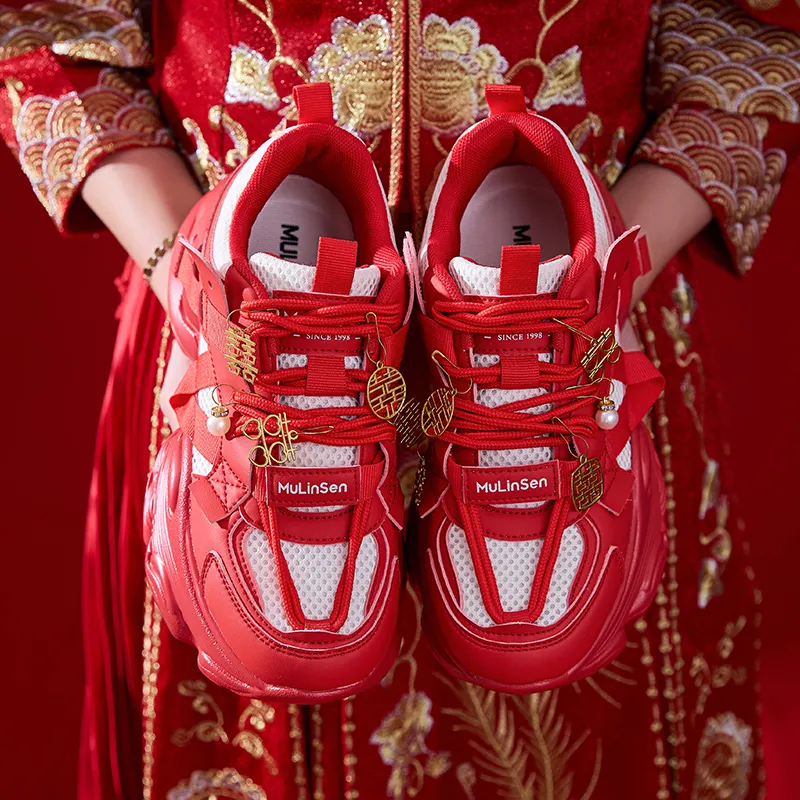 Mulinsen Slip Resistant, Abrasion Resistant, Lightweight Low Top Chunky Sneakers Women's Red-3