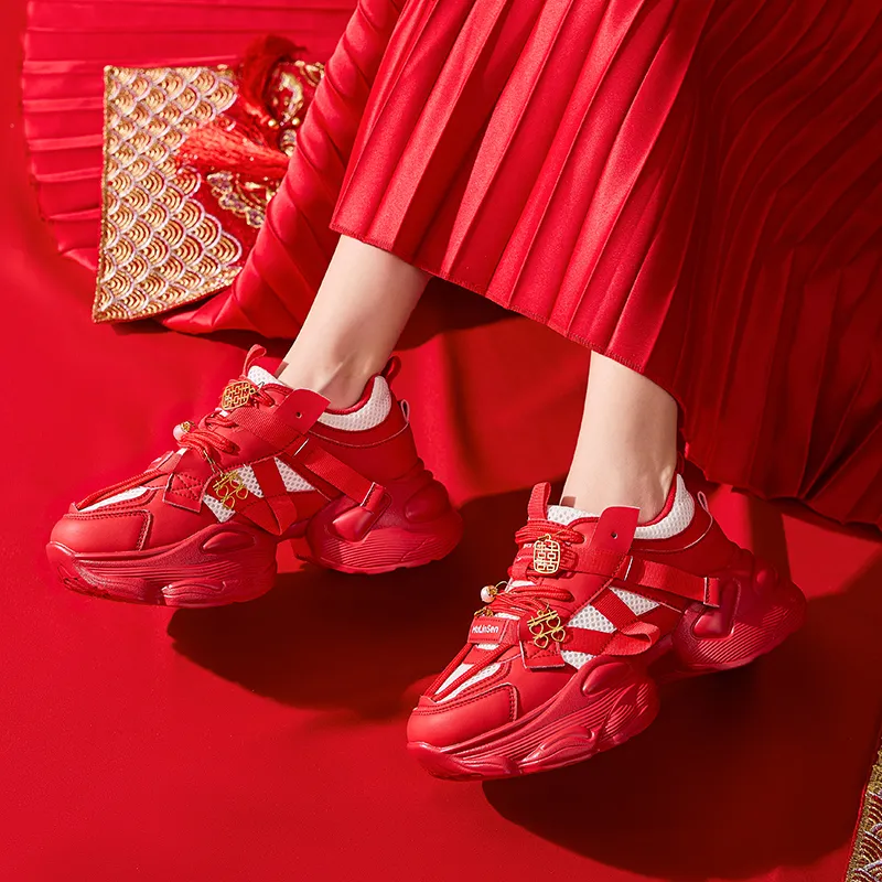 Mulinsen Slip Resistant, Abrasion Resistant, Lightweight Low Top Chunky Sneakers Women's Red-6
