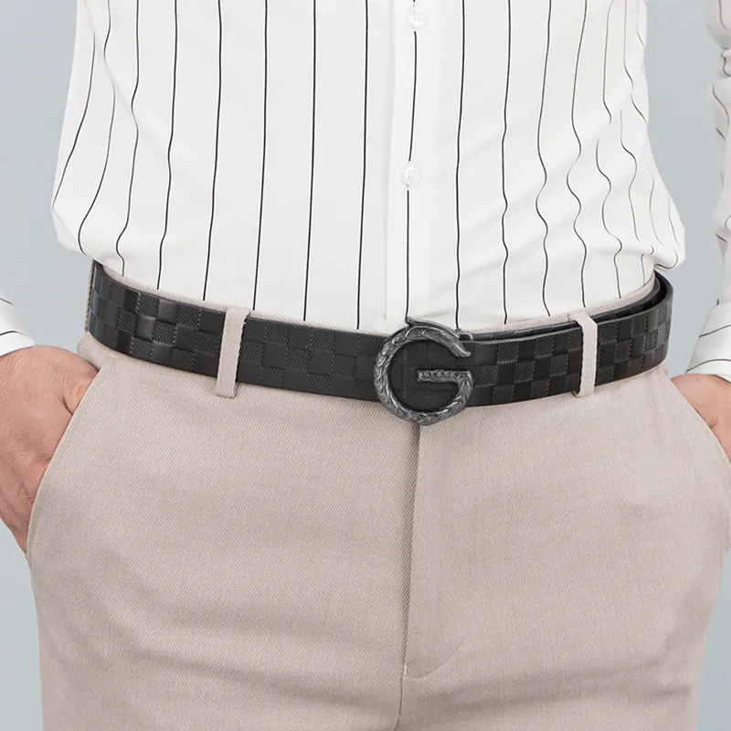 Cows Reign G Dragon Head Automatic Buckle Plaid Genuine Leather Belt Top Grain Cow Leather Business Leather Belts Men's-5