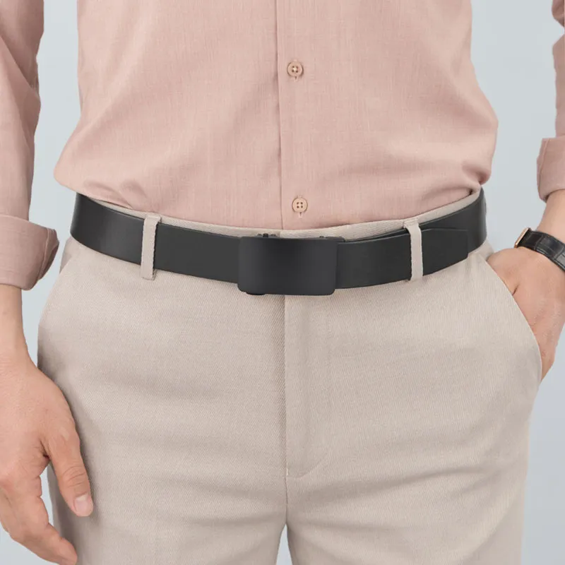 Cows Reign Black Automatic Buckle Top Grain Cow Leather Minimalist Style Business Belt Leather Belts Men's 3.4cm Wide-5