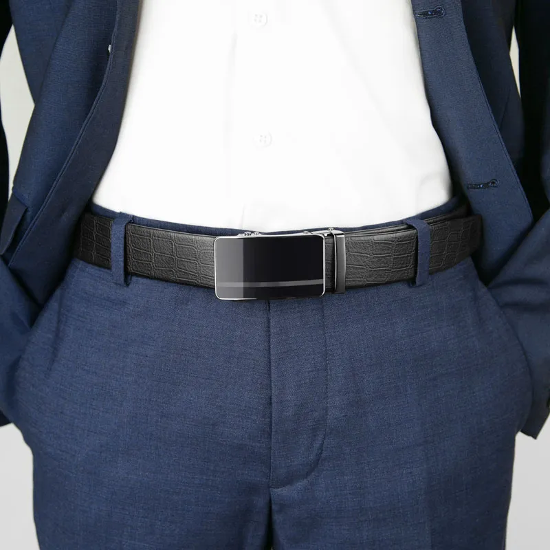 Cows Reign Crocodile Pattern Automatic Buckle Without Head Leather Belts Men's Black Width 3.4CM-5