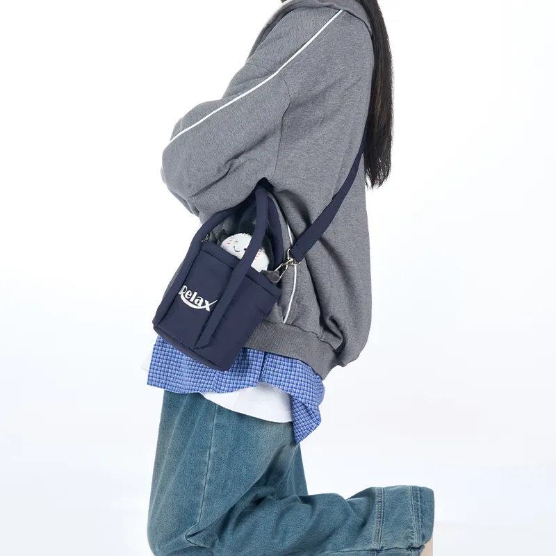 Art Traces Fabric Portable Crossbody Bucket Bag For Girlfriend Shoulder Bag Small Size Unisex Navy Blue/Matte Almond-2