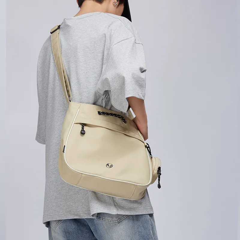 Art Traces Fabric Large Capacity Travel Shoulder Bag Crossbody Bag Pouch Bag Medium Size Unisex Oat Milk-3