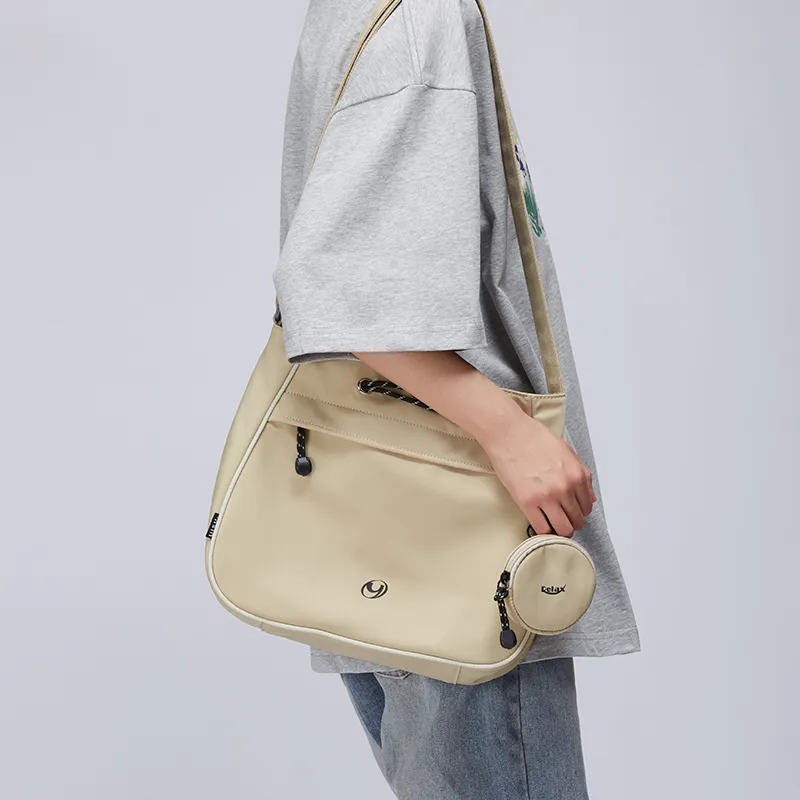 Art Traces Fabric Large Capacity Travel Shoulder Bag Crossbody Bag Pouch Bag Medium Size Unisex Oat Milk-1