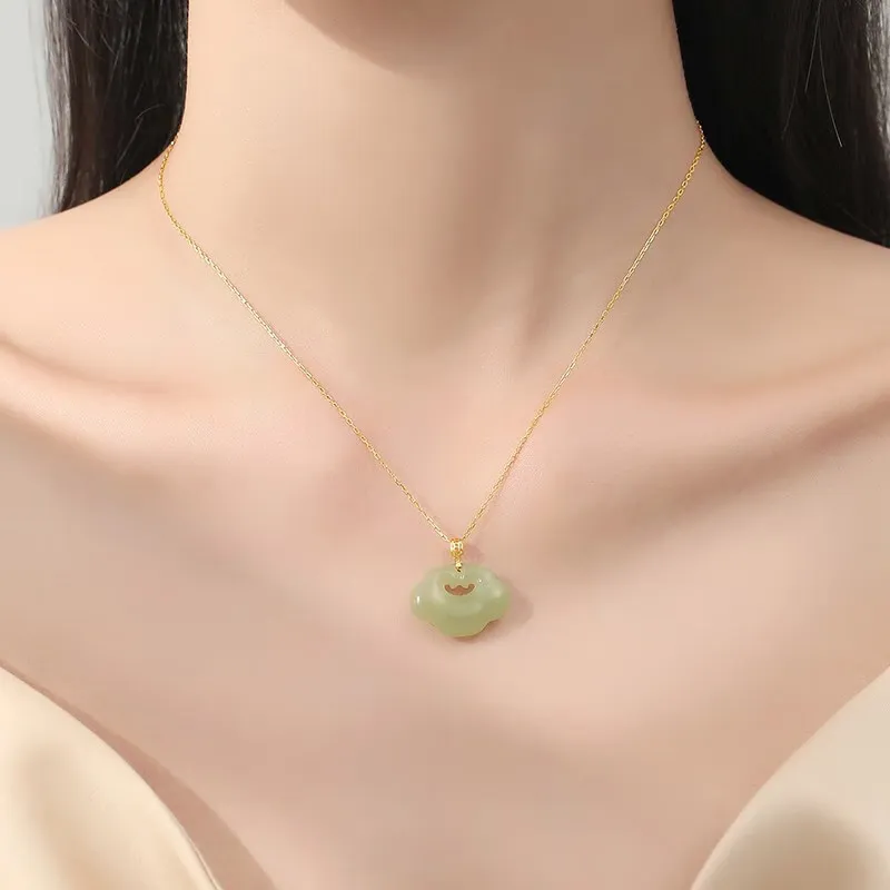 CHINA GOLD Pendant Includes Gold Plated S925 Sterling Silver Chain Green Jade Women's-1