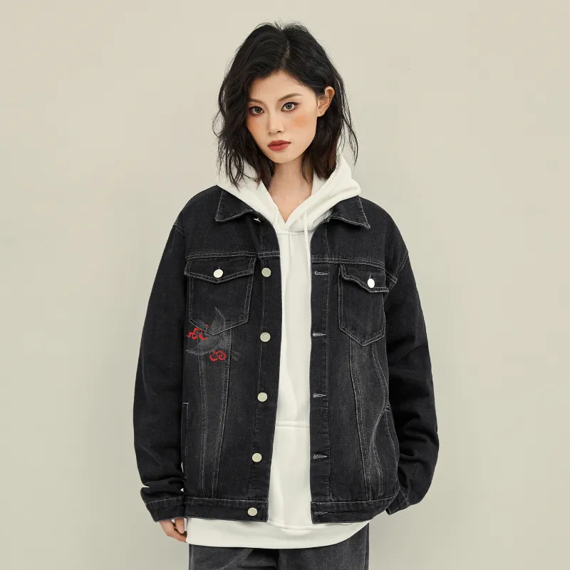 BLACK CLOVER Crane Print Unisex Denim Jacket-2